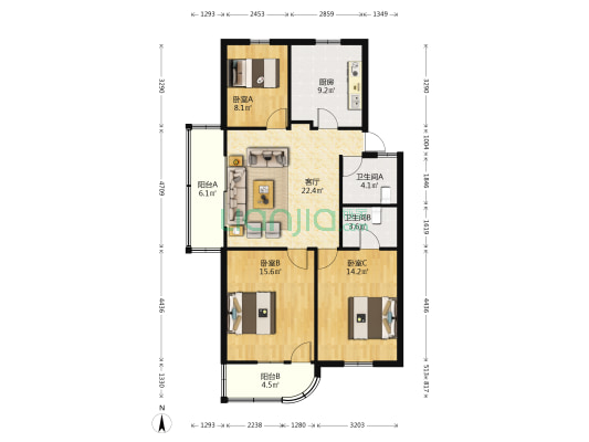 黎明苑 3室1厅2卫 100平方