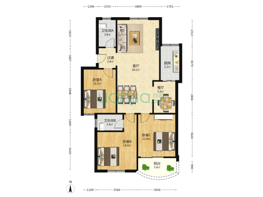 银湖里 3室2厅2卫 132平方