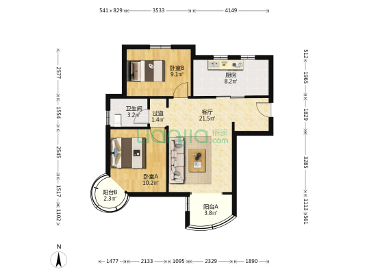 津铁泽苑 2室1厅1卫 92平方