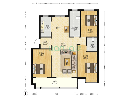 慧博园 3室1厅2卫 134平方
