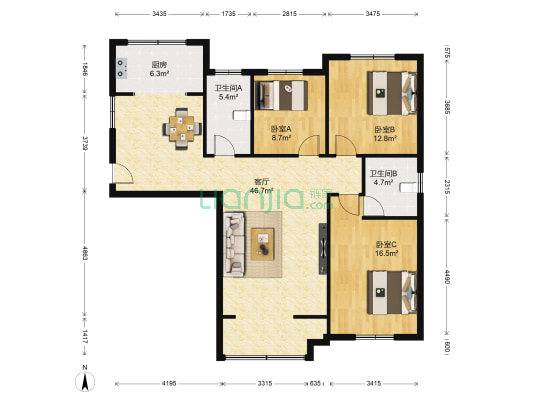 钢城新苑东区 3室1厅2卫 133平方