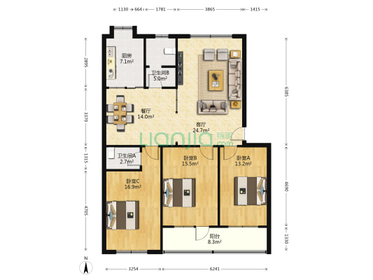 恒山西苑 3室2厅2卫 127平方