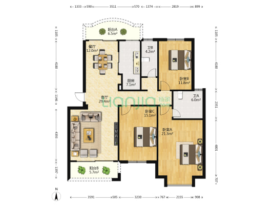 青云公寓 3室2厅2卫 135平方