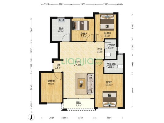 恒裕珑城 3室1厅2卫 89平方
