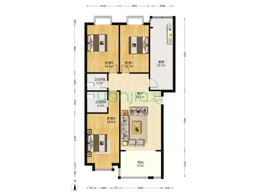 响嘡花园 3室1厅2卫 130平方