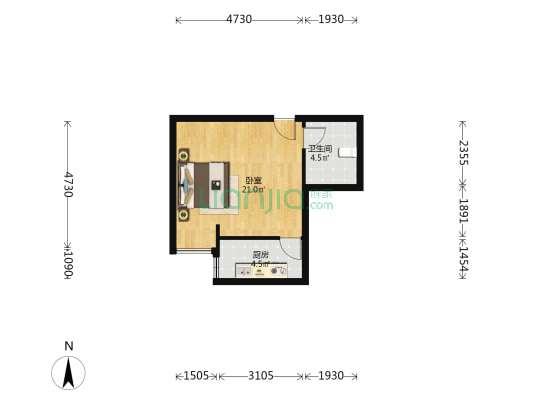 冠云路东林家园中间楼层电梯房南向一居精装修拎包入住-户型图