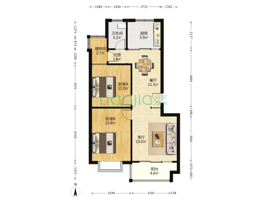岱岳花园A区 2室2厅1卫 88平方