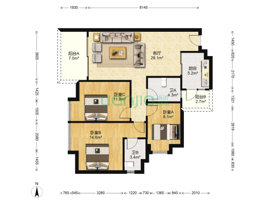 碧桂园城市花园中区 3室1厅2卫 106平方