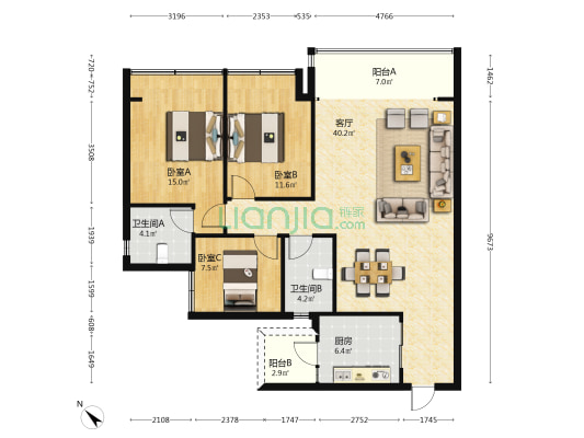 中海天府里天际一期 3室1厅2卫 120平方