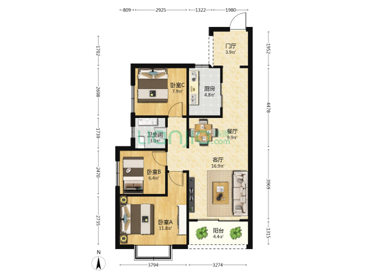 白沙坊金龙苑 3室2厅1卫 90平方