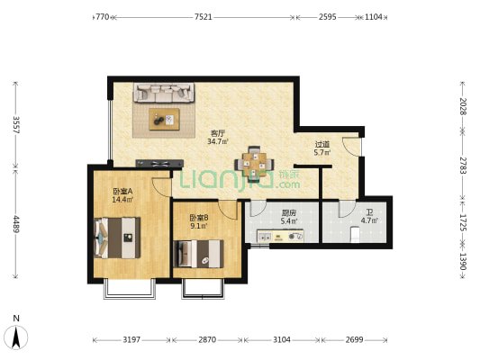 苹果园小区 2室1厅1卫 100平方