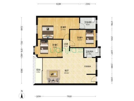 信明楼 3室1厅2卫 97平方