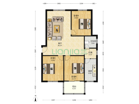 祥通嘉园 3室1厅1卫 116平方