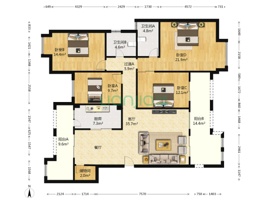 凤凰林溪郡 4室1厅2卫 155平方