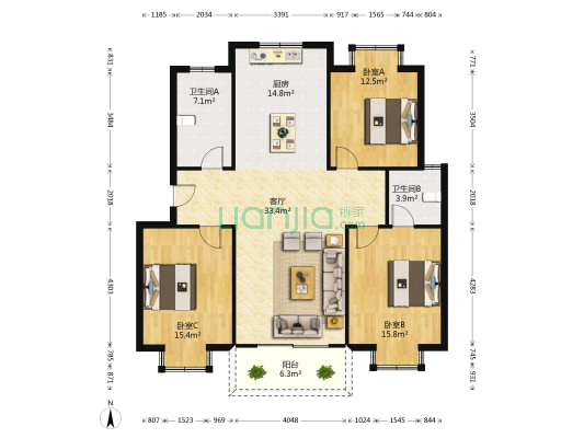 长新公寓南区 3室1厅2卫 123平方