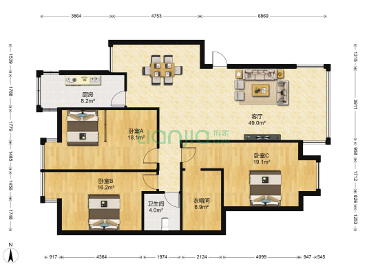 天海青城 3室1厅1卫 141平方