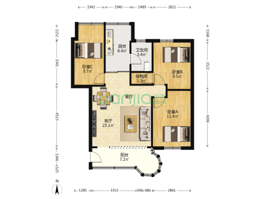 氮肥厂宿舍 3室1厅1卫 82平方