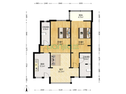 支矶石街20号 2室1厅2卫 77平方