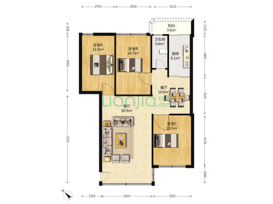 月华园 3室2厅1卫 110平方