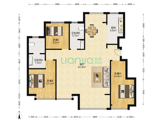 远洋东莱郡 3室1厅2卫 143平方