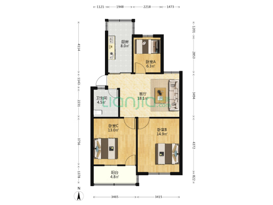 桃园新邨 3室1厅1卫 101平方