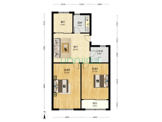 时代花园 2室2厅1卫 96平方