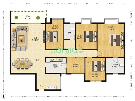 长湖景苑 4室1厅2卫 176平方