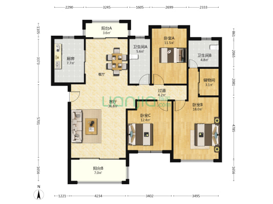 月亮河碧园(公寓) 3室1厅2卫 135平方