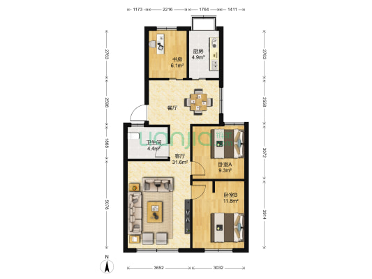 建信小区 3室1厅1卫 91平方