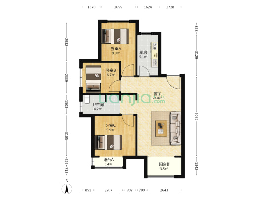 合生龙河湾壹号 3室1厅1卫 97平方
