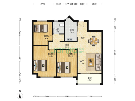 碧桂园翡翠湾二期 3室1厅1卫 107平方