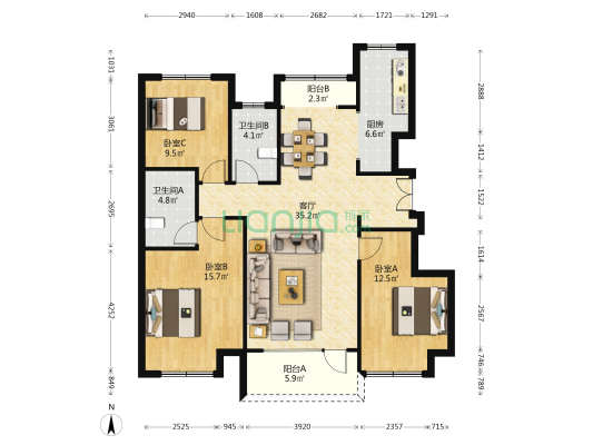云府 3室1厅2卫 117平方