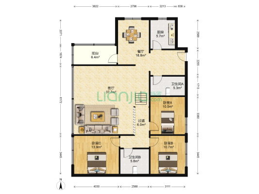 保健街44号 3室2厅2卫 146平方