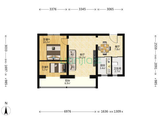 南顶村邮政小区 2室2厅1卫 68平方