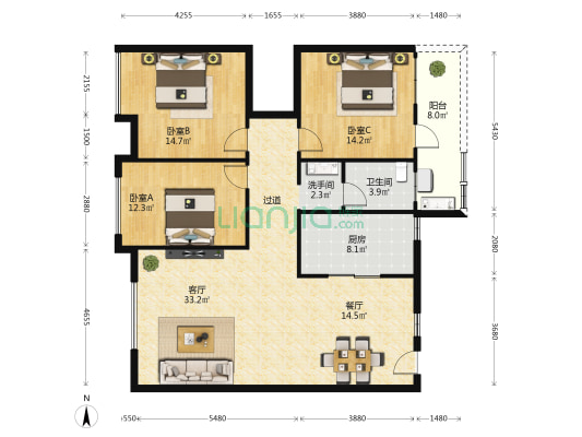 缘园小区 3室2厅2卫 138平方