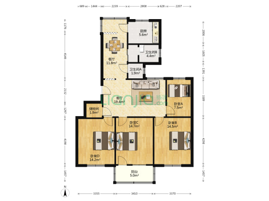 盐东开发区富康路12号 4室2厅2卫 122平方