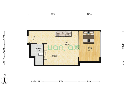 观音桥1號 1室1厅1卫 90平方