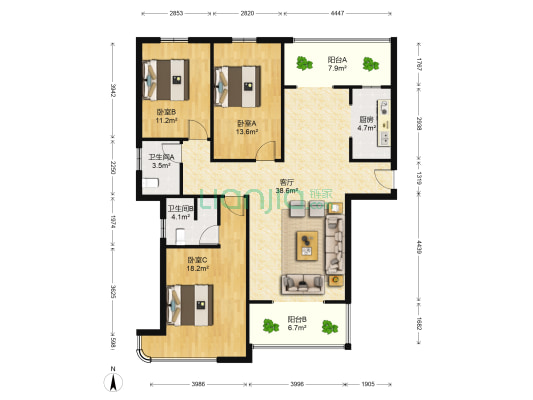 华宇尚城 3室1厅2卫 115平方