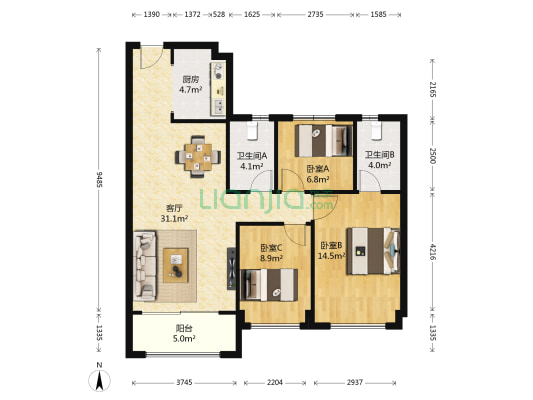 海德郡三号院北苑 3室1厅2卫 109平方