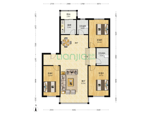 税苑花园 3室1厅2卫 134平方