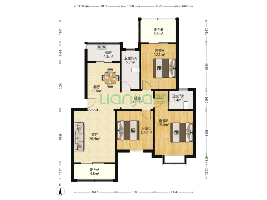 军分区宿舍 3室2厅2卫 117平方
