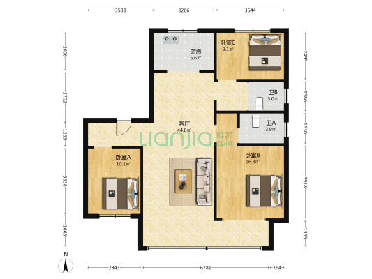 碧桂园玖中堂 3室1厅2卫 135平方