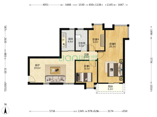 常兴广场 3室1厅1卫 92平方