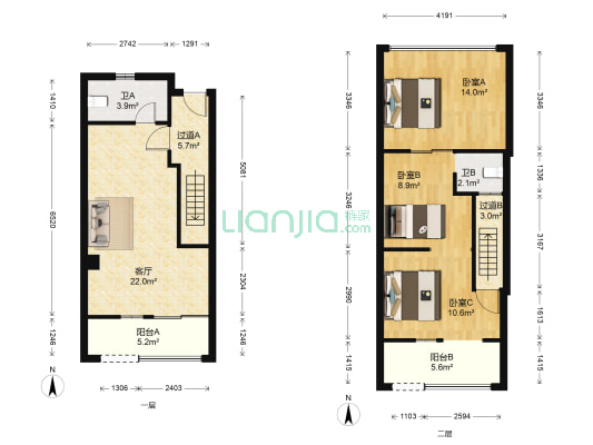 叠院 3室1厅2卫 53平方