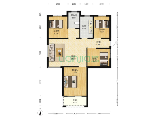 临商滨水城 4室1厅1卫 107平方
