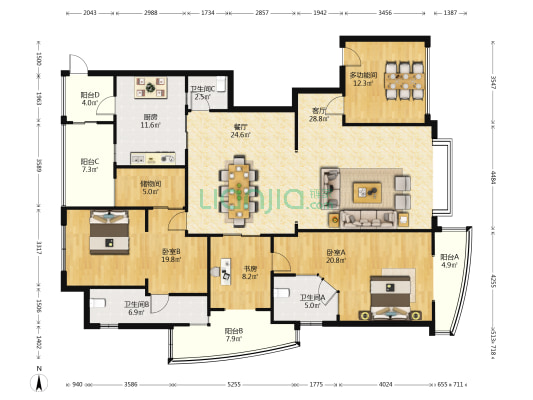 富宸江滨18号公馆 4室2厅3卫 191平方