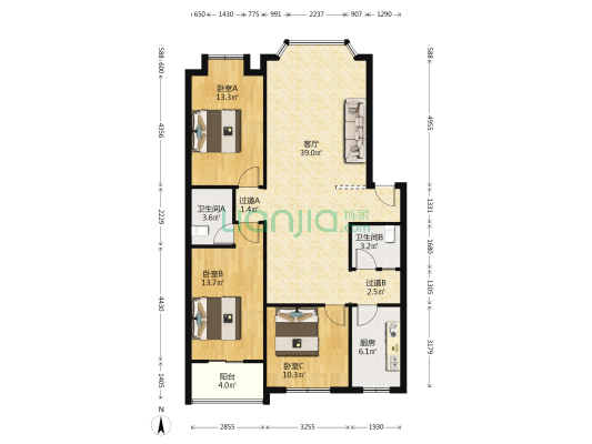 红阳花园 3室1厅2卫 113平方