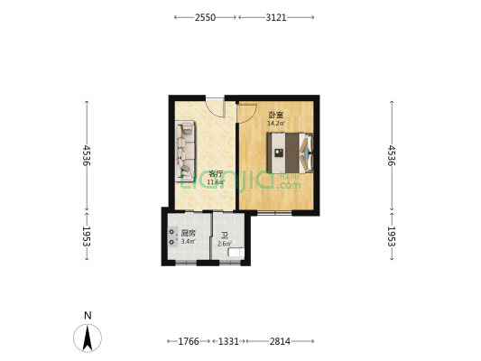 西山北楼 1室1厅1卫 36平方