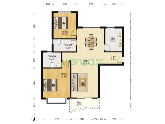 东方花园 2室1厅2卫 128平方