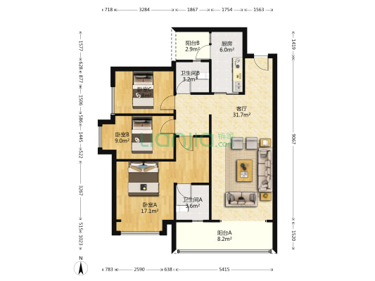 保利朗园 3室1厅2卫 110平方